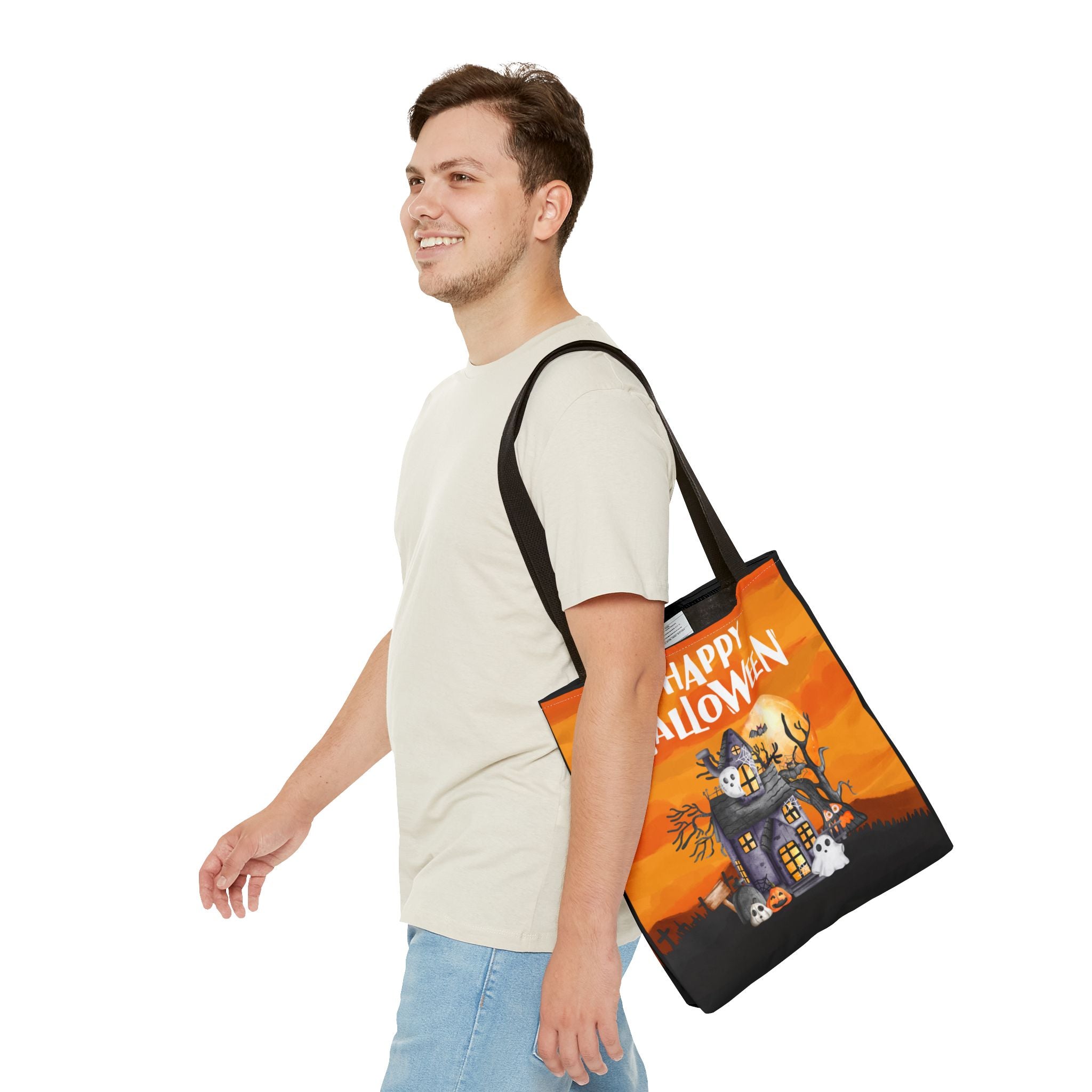 Haunted House Tote Bag - Halloween Orange Ghosts Bats Twilight, Trick or Treat Bag, Halloween Decor, Spooky Bag, Halloween Party Favor,
