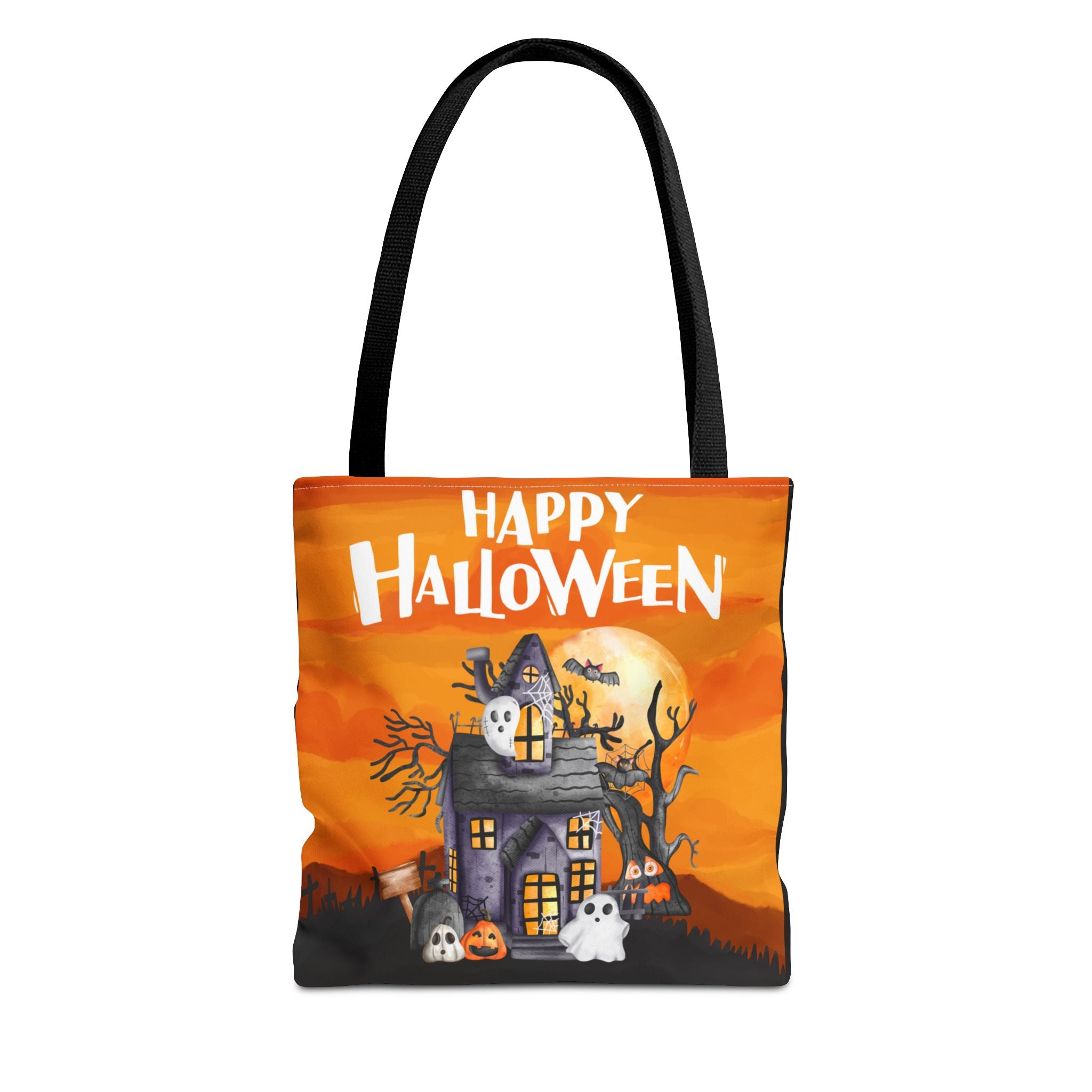 Haunted House Tote Bag - Halloween Orange Ghosts Bats Twilight, Trick or Treat Bag, Halloween Decor, Spooky Bag, Halloween Party Favor,