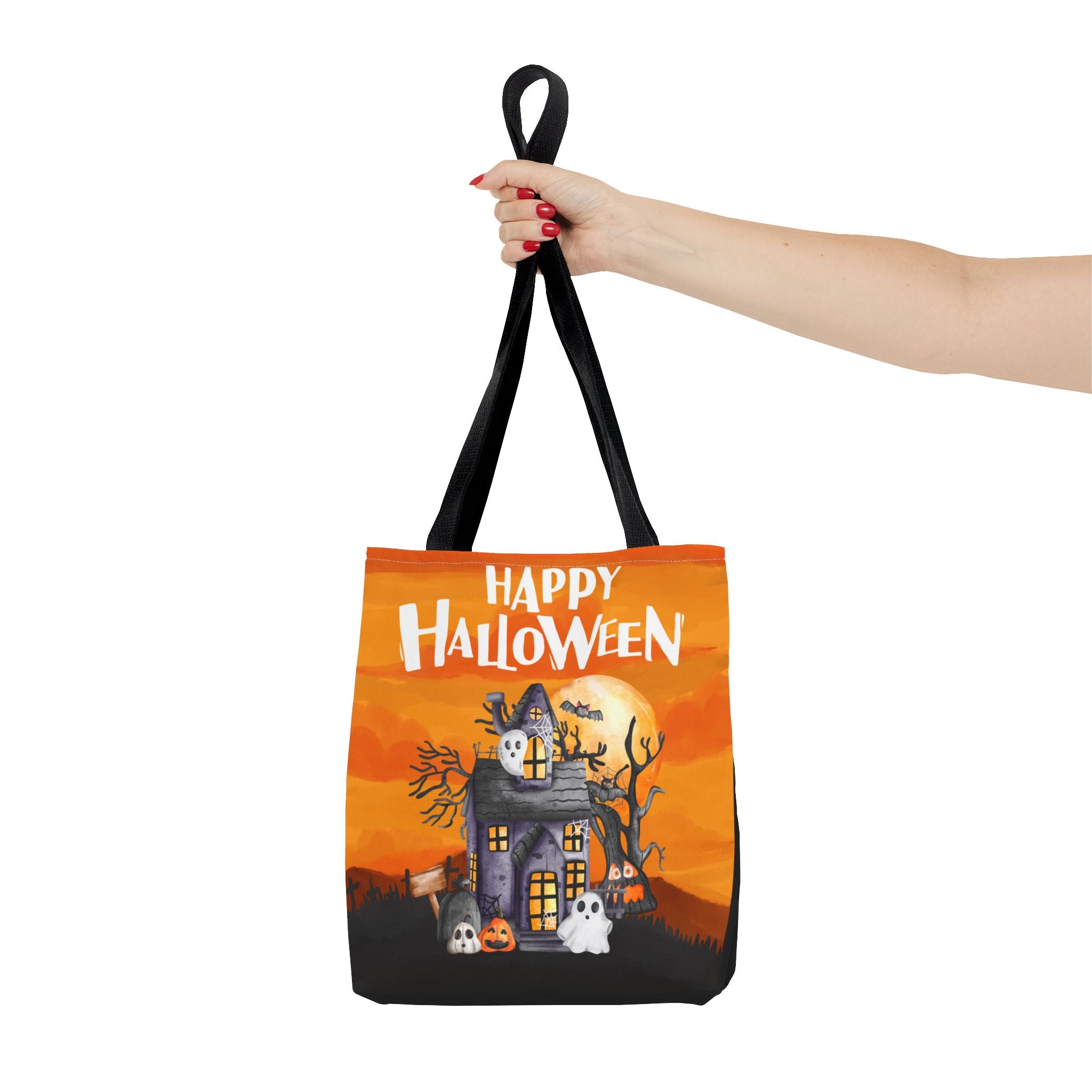 Haunted House Tote Bag - Halloween Orange Ghosts Bats Twilight, Trick or Treat Bag, Halloween Decor, Spooky Bag, Halloween Party Favor,