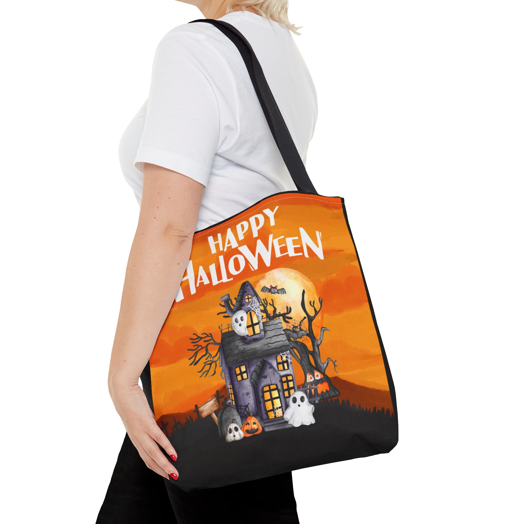 Haunted House Tote Bag - Halloween Orange Ghosts Bats Twilight, Trick or Treat Bag, Halloween Decor, Spooky Bag, Halloween Party Favor,