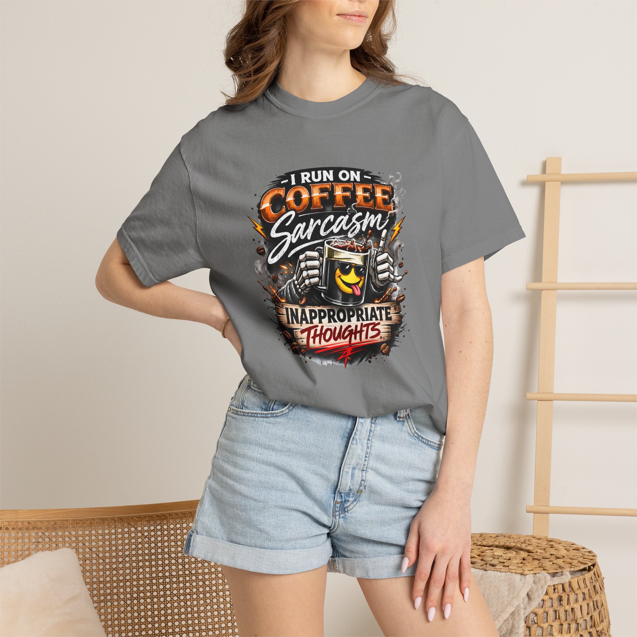I Run On Coffee Sarcasm & Inappropriate Thoughts Shirt, Funny Coffee Lover T-Shirt, Sarcastic Graphic Tee, Comfort Colors 1717 Unisex
