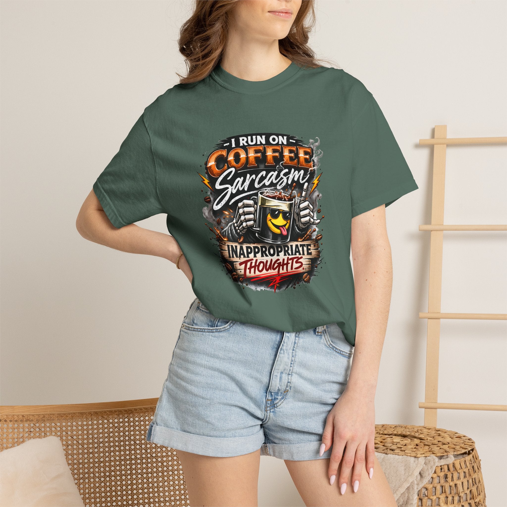 I Run On Coffee Sarcasm & Inappropriate Thoughts Shirt, Funny Coffee Lover T-Shirt, Sarcastic Graphic Tee, Comfort Colors 1717 Unisex