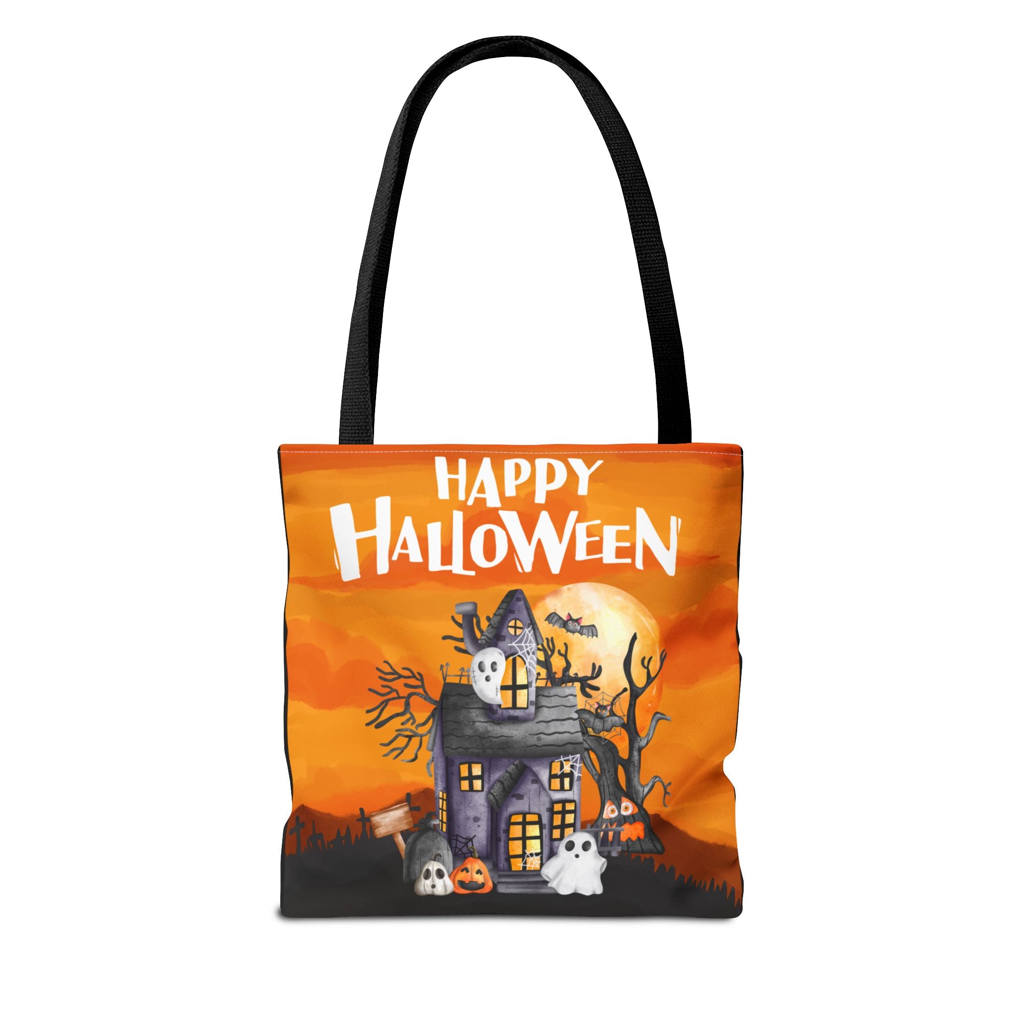Haunted House Tote Bag - Halloween Orange Ghosts Bats Twilight, Trick or Treat Bag, Halloween Decor, Spooky Bag, Halloween Party Favor,