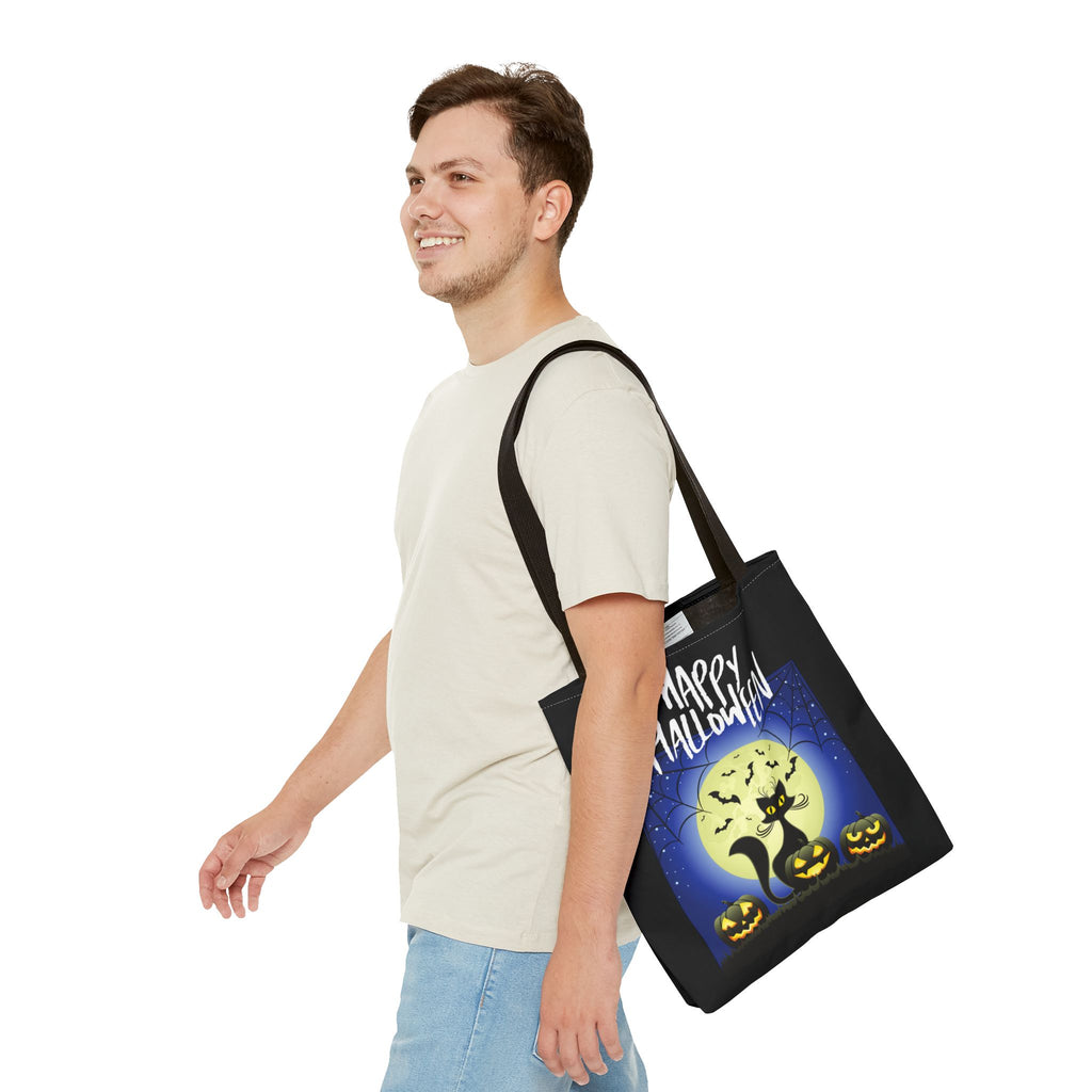 Happy Halloween Black Cat, Bats, and Spooky Pumkins Tote Bag