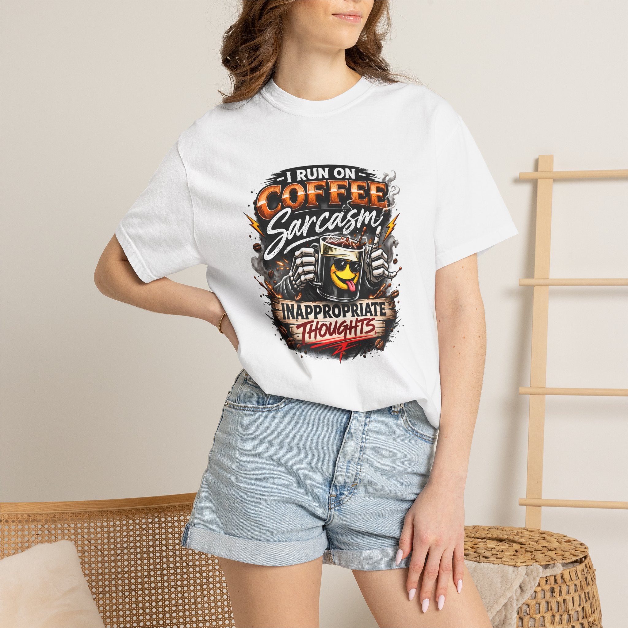 I Run On Coffee Sarcasm & Inappropriate Thoughts Shirt, Funny Coffee Lover T-Shirt, Sarcastic Graphic Tee, Comfort Colors 1717 Unisex