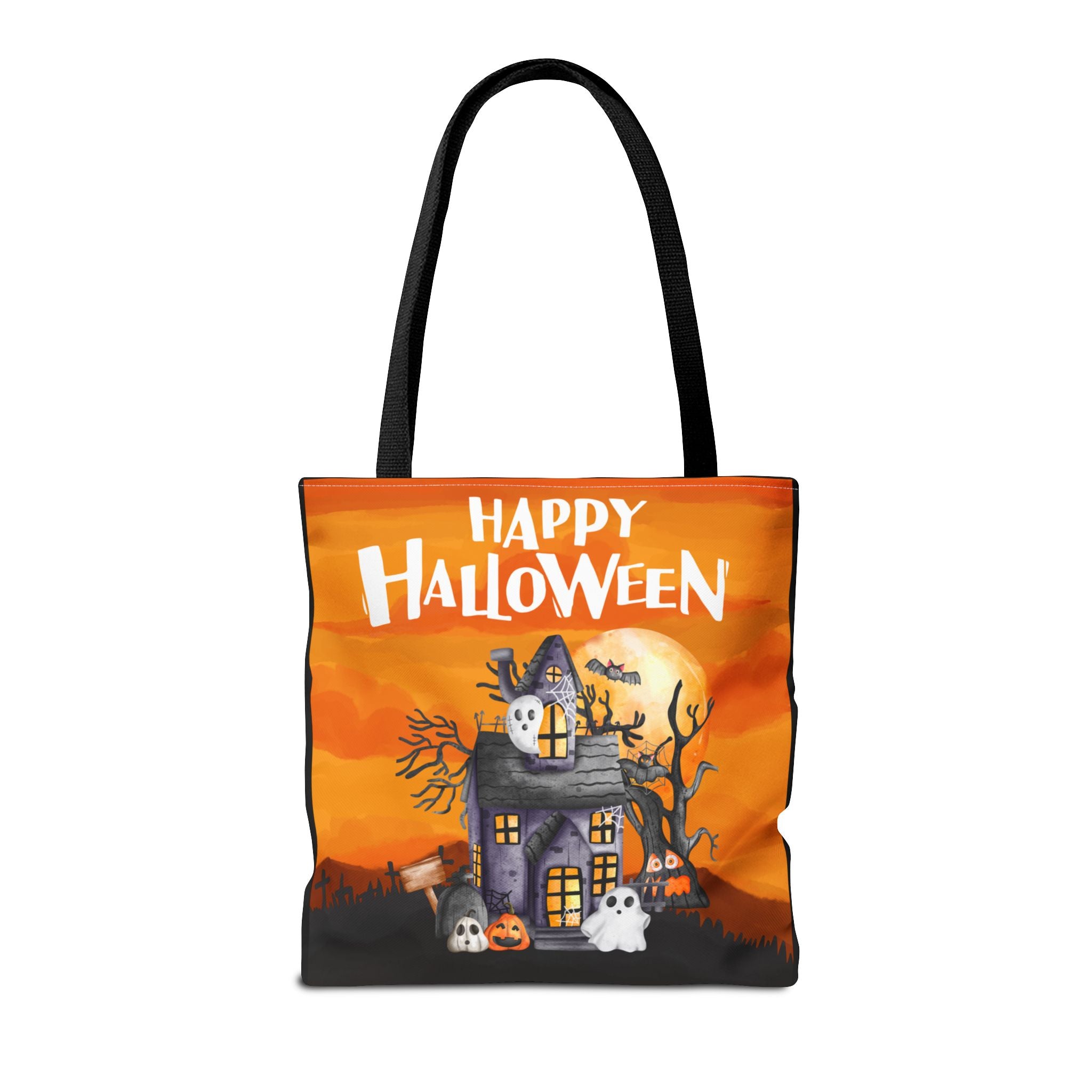 Haunted House Tote Bag - Halloween Orange Ghosts Bats Twilight, Trick or Treat Bag, Halloween Decor, Spooky Bag, Halloween Party Favor,