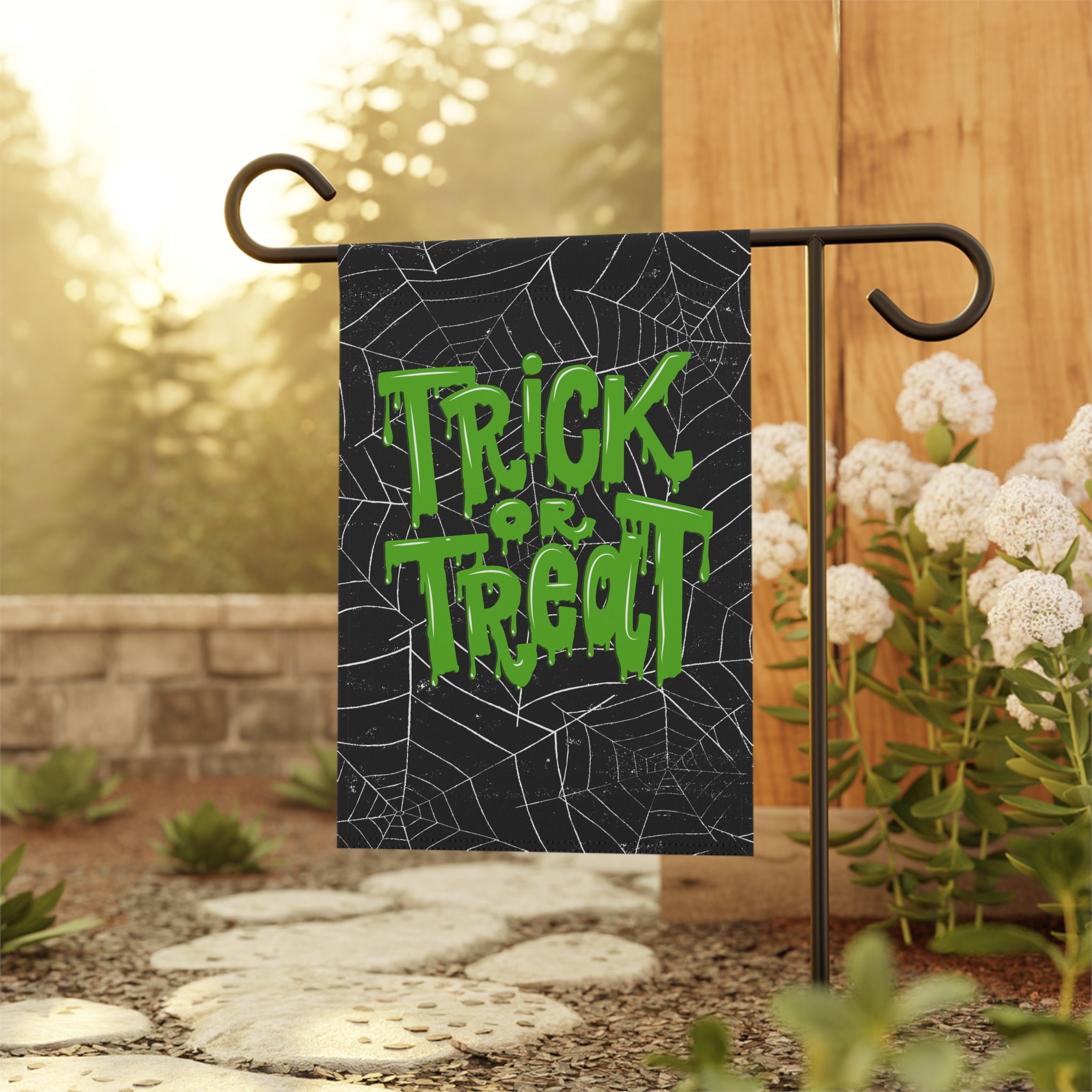 Halloween Garden Banner, Cobwebs, Trick or Treat, Black and Green, Outdoor Decoration, Holiday Home Decor