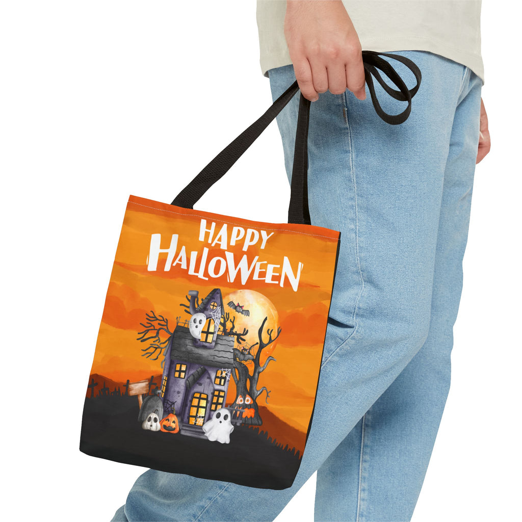 Haunted House Tote Bag - Halloween Orange Ghosts Bats Twilight, Trick or Treat Bag, Halloween Decor, Spooky Bag, Halloween Party Favor,