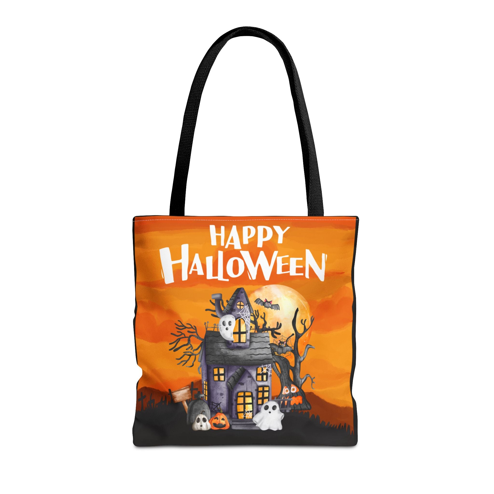 Haunted House Tote Bag - Halloween Orange Ghosts Bats Twilight, Trick or Treat Bag, Halloween Decor, Spooky Bag, Halloween Party Favor,