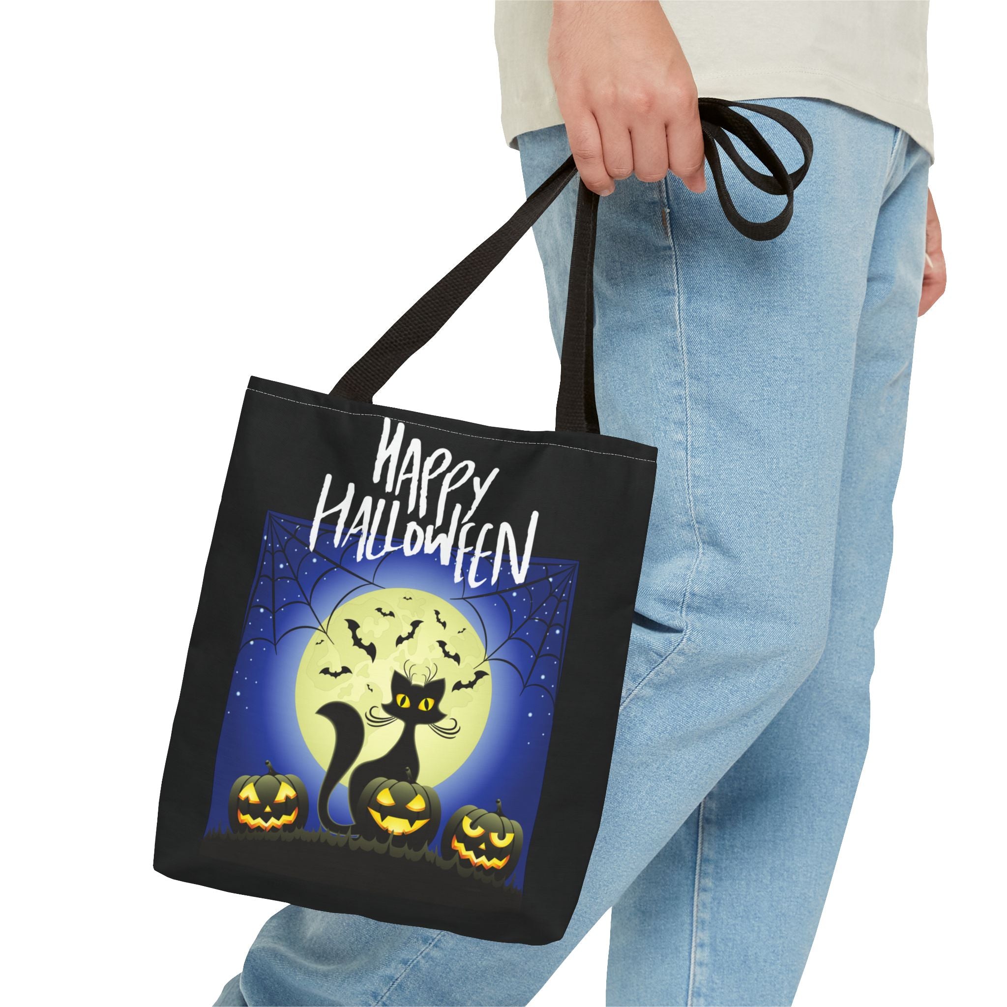 Happy Halloween Black Cat, Bats, and Spooky Pumkins Tote Bag