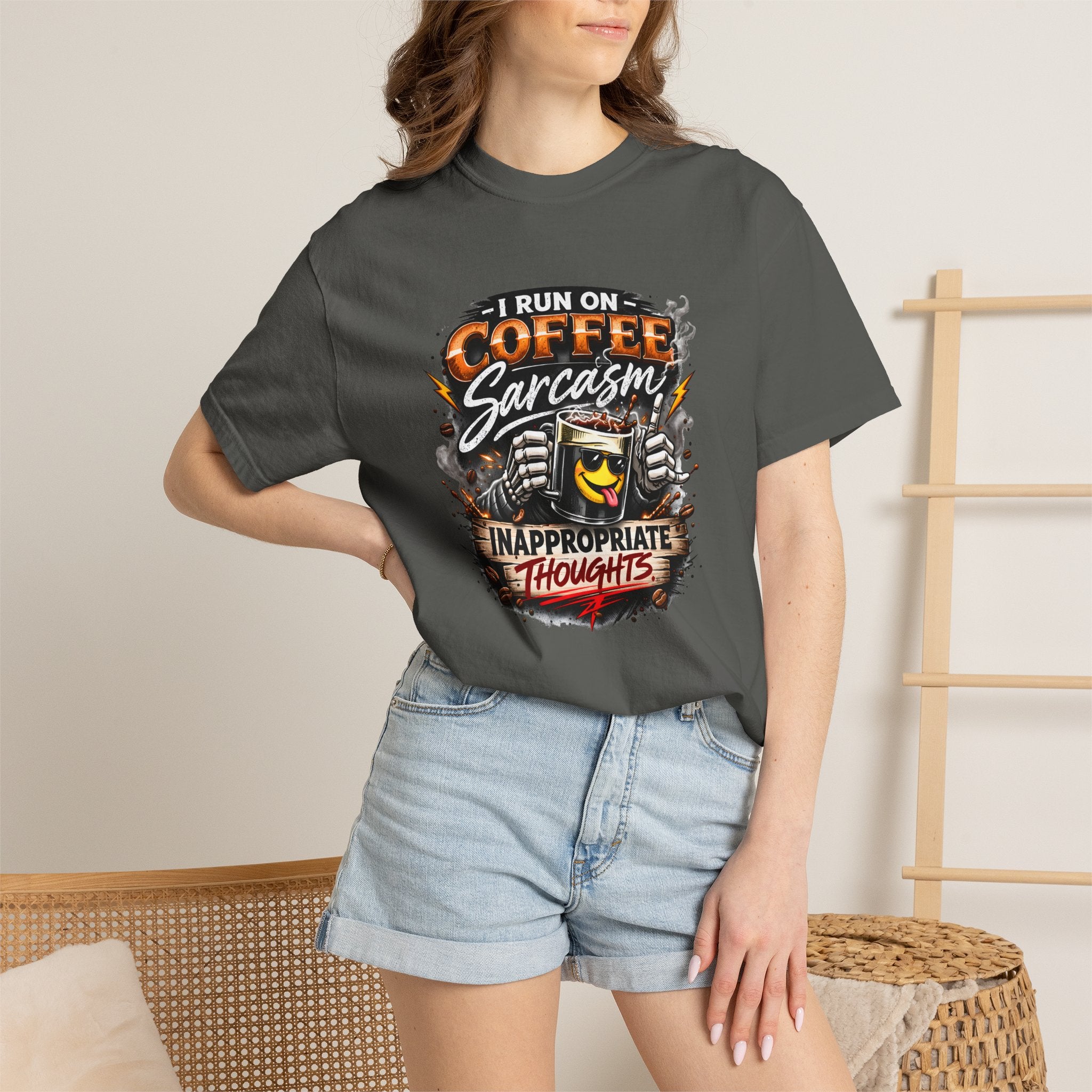 I Run On Coffee Sarcasm & Inappropriate Thoughts Shirt, Funny Coffee Lover T-Shirt, Sarcastic Graphic Tee, Comfort Colors 1717 Unisex