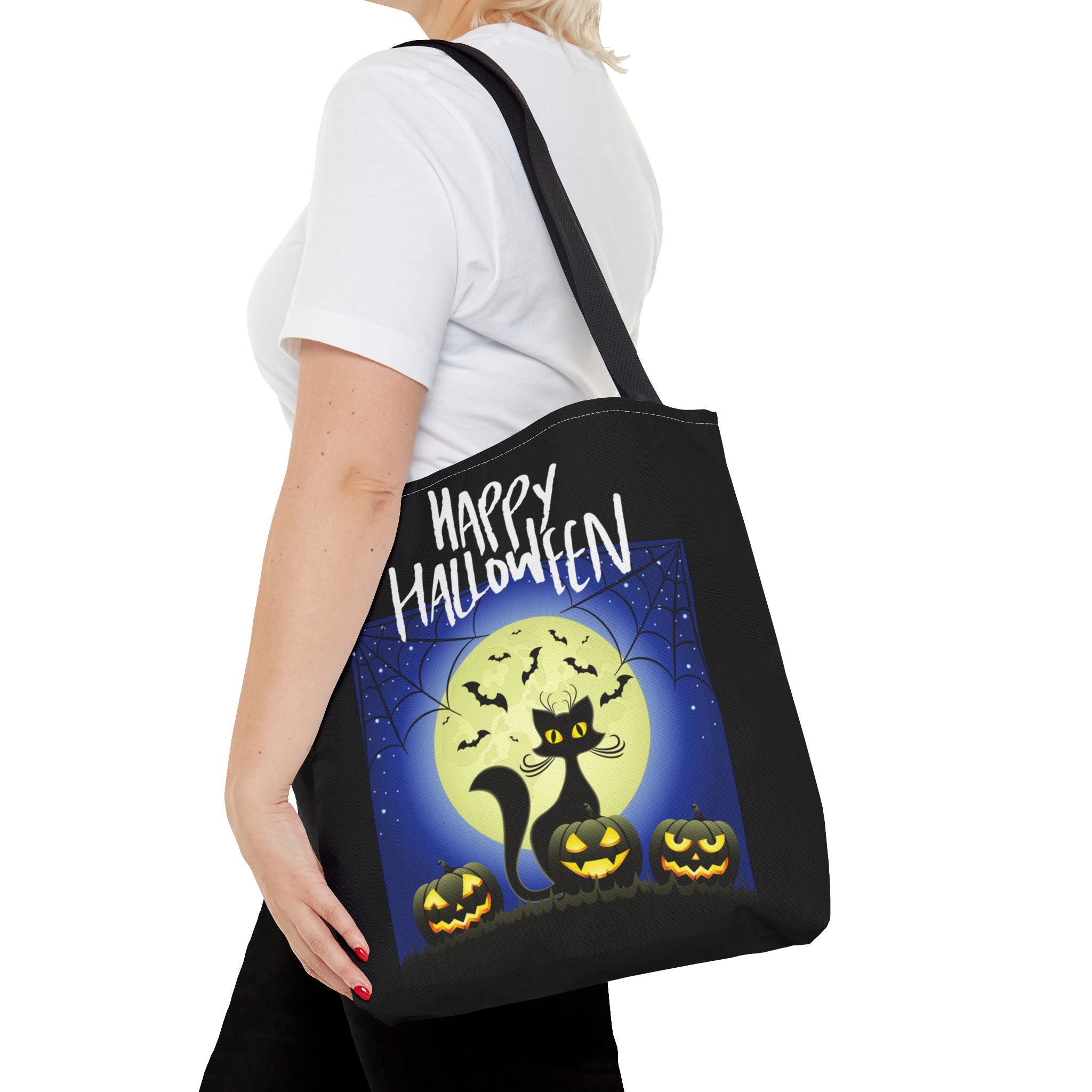 Happy Halloween Black Cat, Bats, and Spooky Pumkins Tote Bag